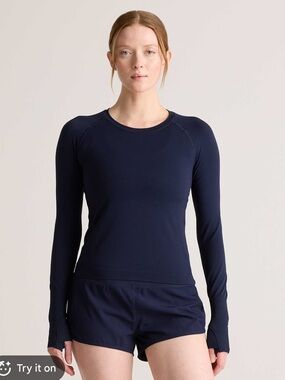 Quince Seamless Waist-Length Long Sleeve Top Navy Small